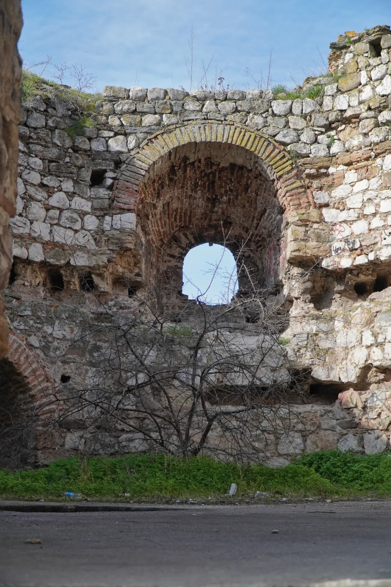 Stari kameni zidovi Smederevske tvrđave sa otvorenim lučnim prozorom kroz koji se vidi nebo i golim drvetom koje raste ispred.