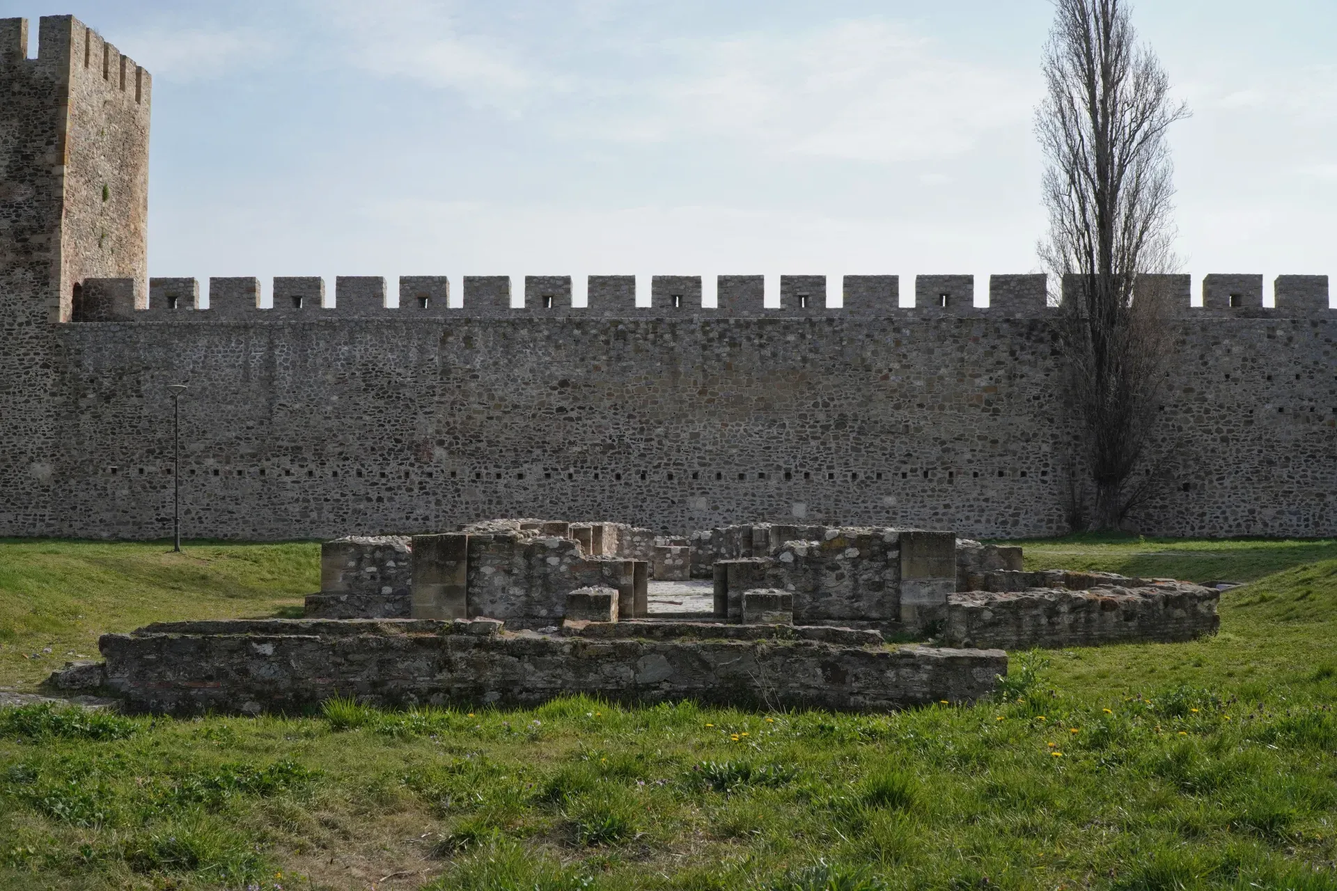 The remains of a sacred complex in Smederevo Fortress, Serbia, in front of a massive stone wall and a tall tree.