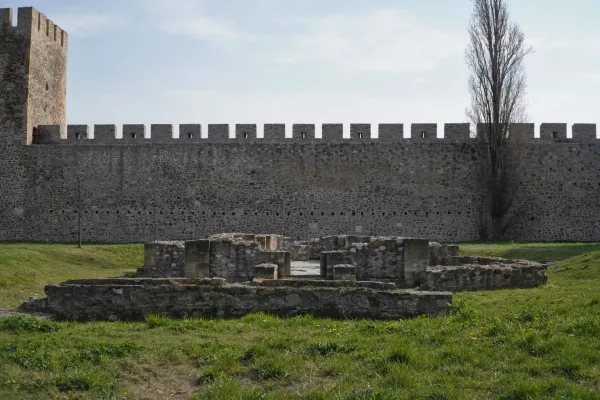 The remains of a sacred complex in Smederevo Fortress, Serbia, in front of a massive stone wall and a tall tree.
