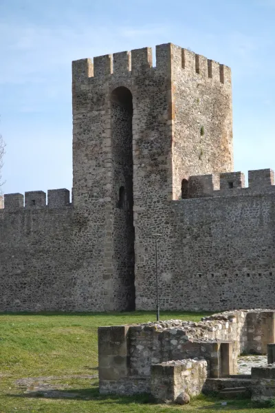 The Smederevo Fortress with its imposing stone walls and a tower under a blue sky, with a grassy foreground and ruins.
