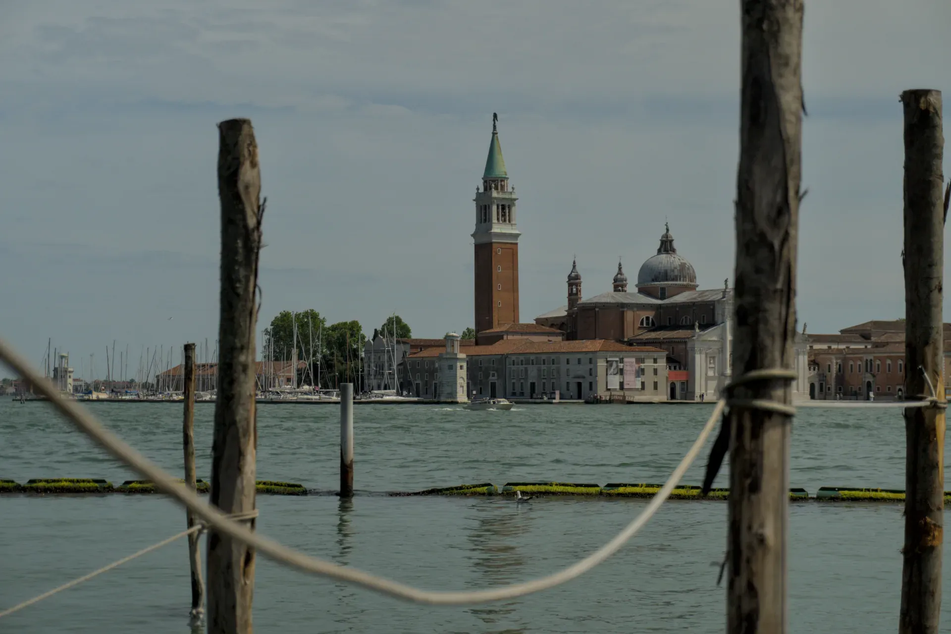 Vista sull'acqua della chiesa di San Giorgio Maggiore e del suo campanile a Venezia, incorniciata da pali di legno e corde.