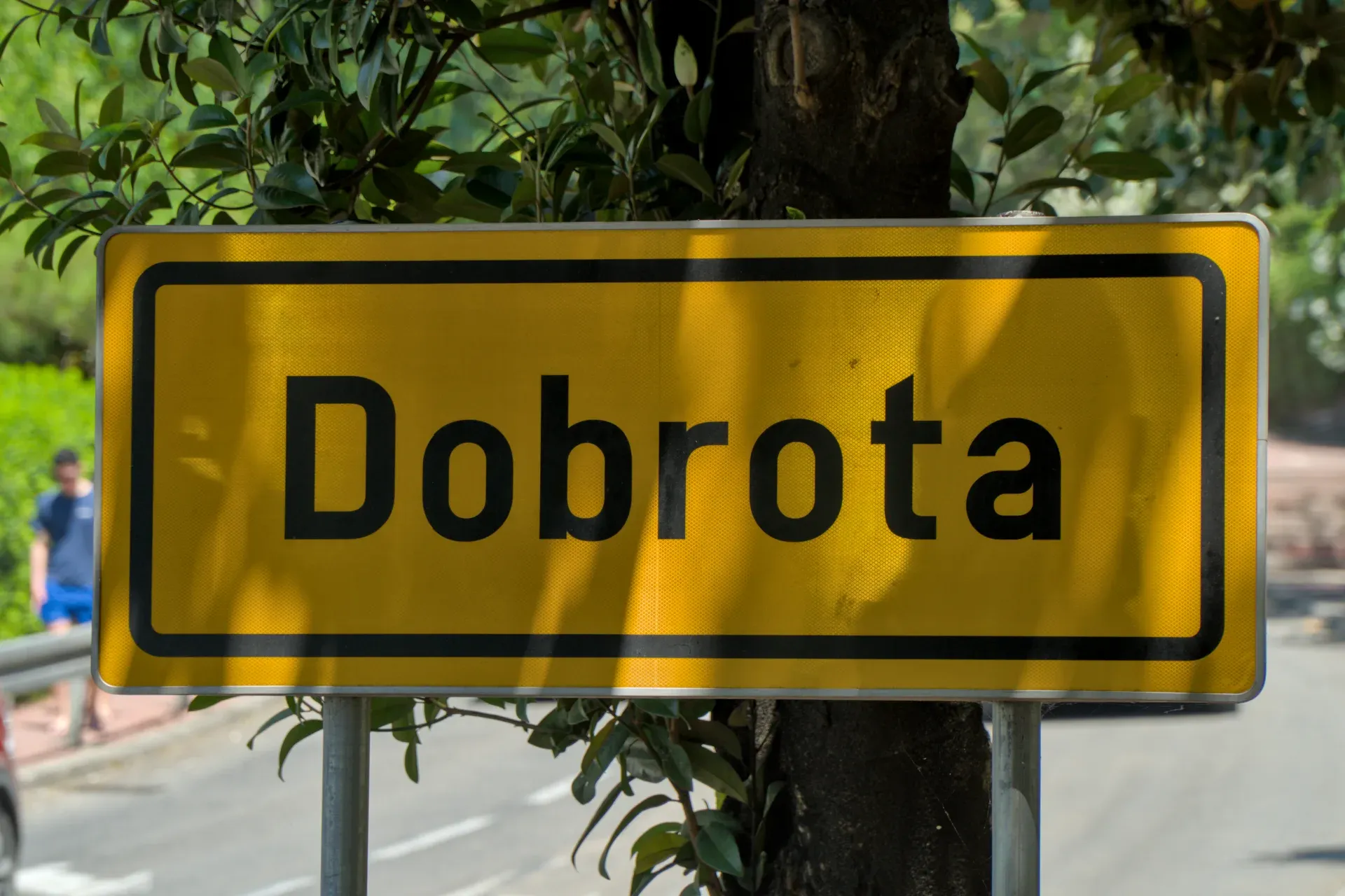 Žuti putokaz sa natpisom 'Dobrota' crnim slovima, okružen zelenim lišćem.