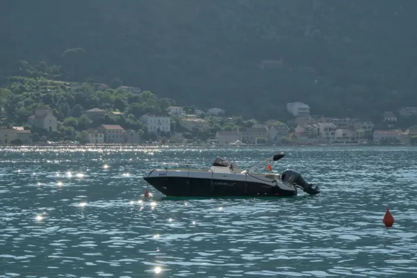 A black and white boat floats on the sunny waters of the Bay of Kotor, with a coastal town and hills in the background.