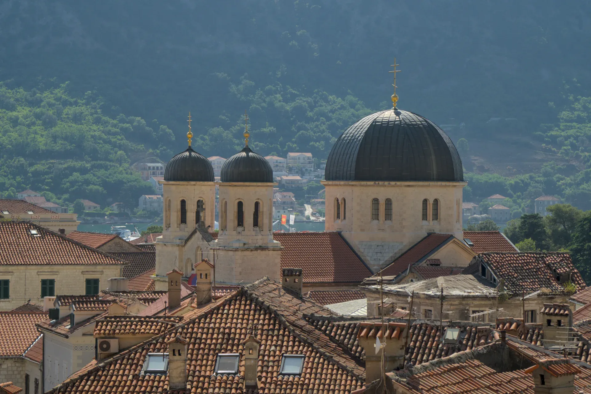 Vista dei tetti in terracotta di Kotor con cupole di chiese ortodosse sullo sfondo, catturata con luce diurna intensa.