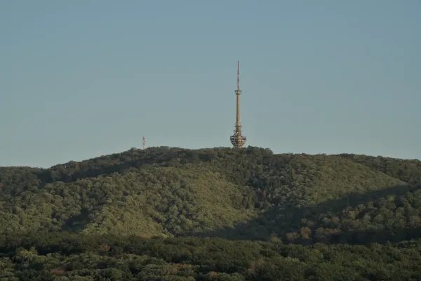 The TV tower on Fruska Gora mountain in Serbia during the golden hour, surrounded by lush vegetation.