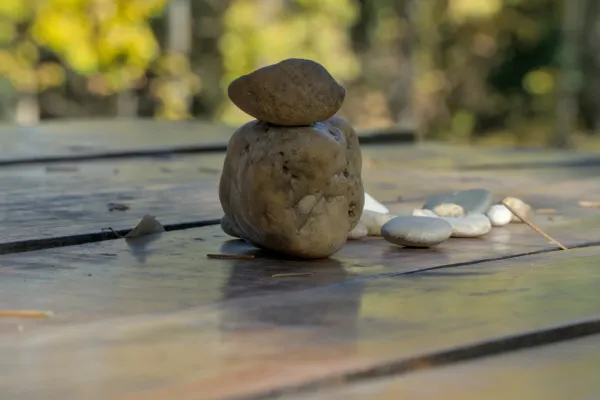 Stone balance in the Fruska Gora forest, Serbia, on a wooden surface.