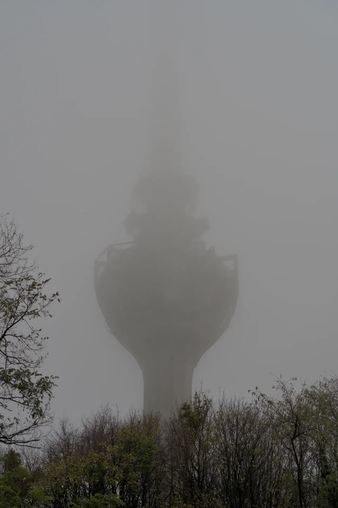 Ein Fernsehturm ragt in dichtem Nebel auf dem Berg Fruška Gora empor, die Silhouette ist nur schemenhaft zu erkennen, mit Bäumen im Vordergrund.