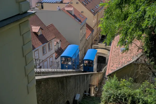Zwei blaue Waggons der Zagreb Standseilbahn fahren auf einem sonnigen Tag einen Hang hinauf, umgeben von historischen Gebäuden und Bäumen.