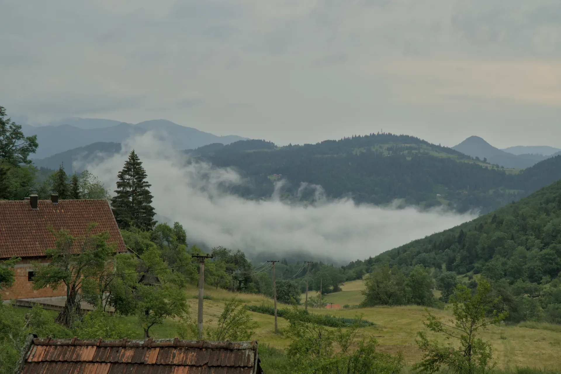 Dense fog rising in the mountains of Tara National Park, Serbia, with a brick house in the foreground.
