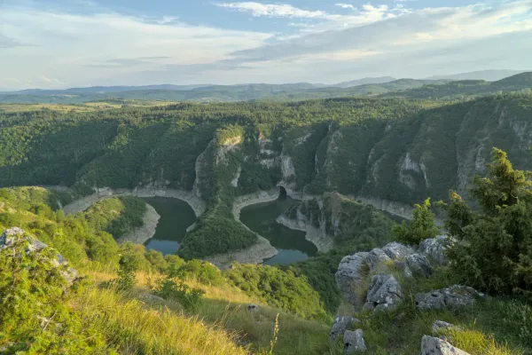 Panoramic view of the winding Uvac Gorge in Serbia, surrounded by lush green forests and rock formations.