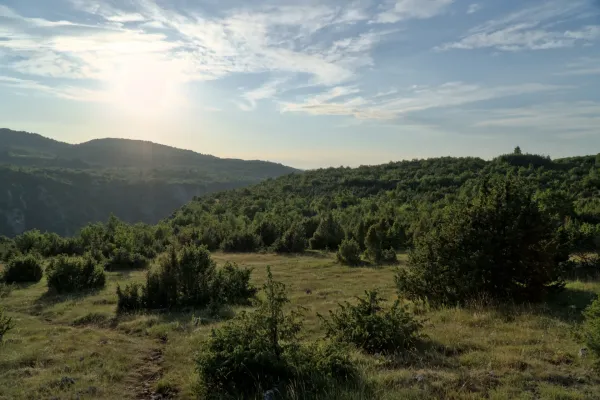 Evening light over the green hills and gorges of Uvac, Serbia.