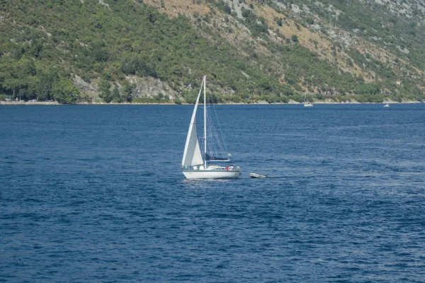 A sailboat navigates the sea in Kotor Bay, Montenegro, with green mountains in the background.