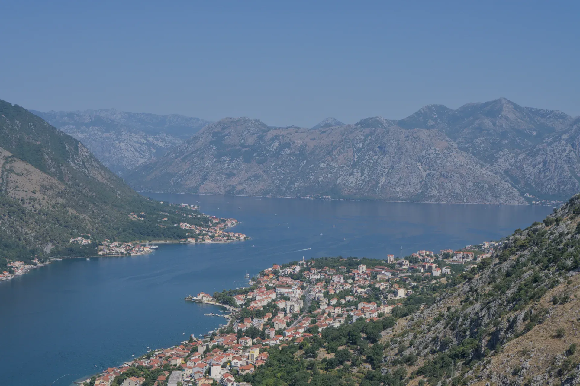 View from the mountain towards Dobrota and Kotor Bay, Montenegro, landscape orientation.