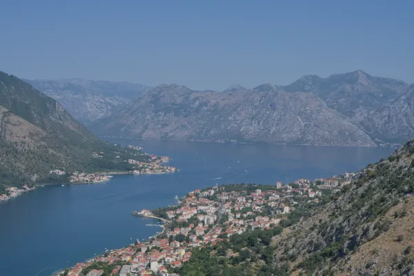 View from the mountain towards Dobrota and Kotor Bay, Montenegro, landscape orientation.