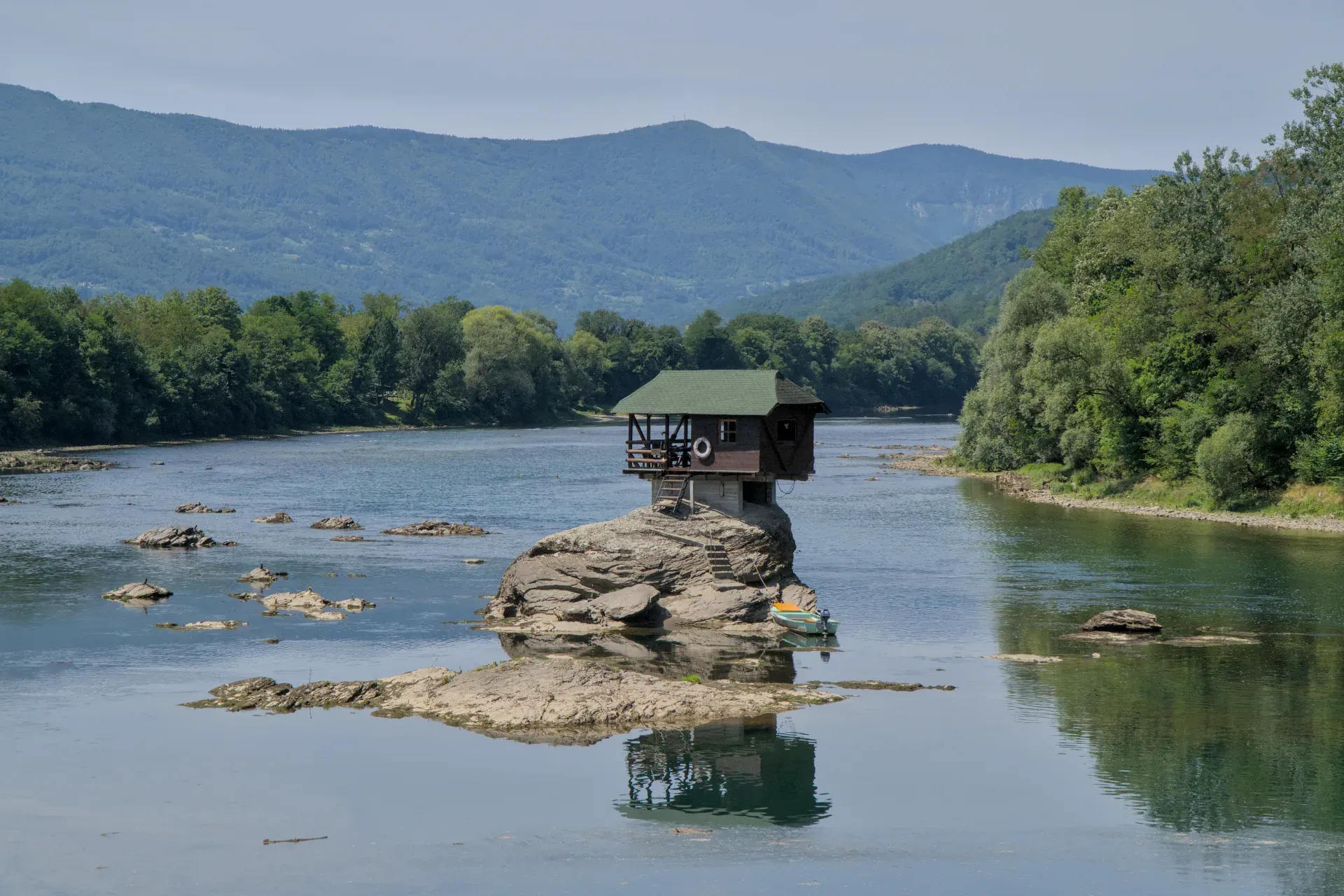 A small house perched on a rock in the Drina River near Bajina Bašta, Serbia.