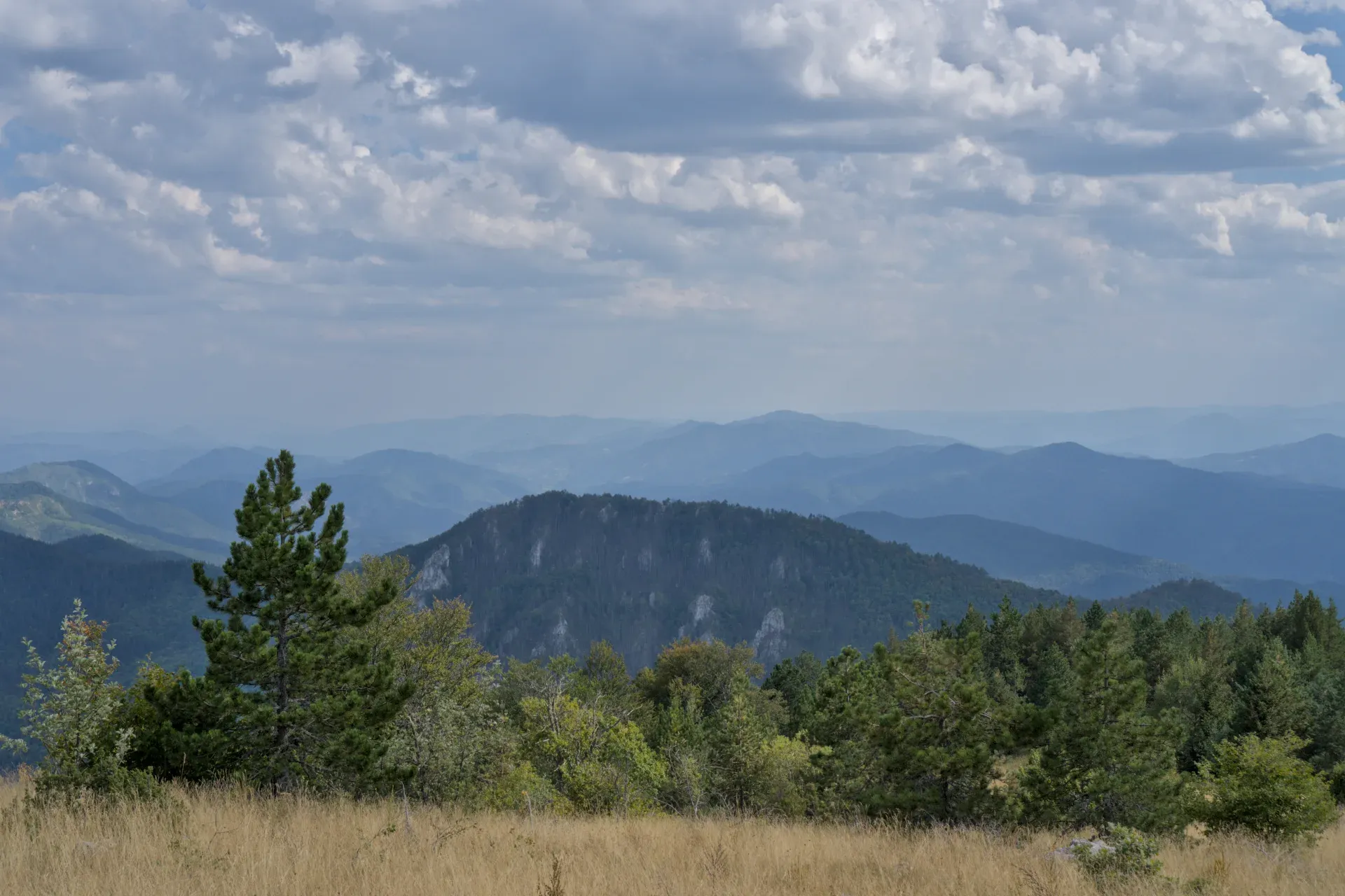Captivating view from Janyač Peak over layered mountains in Serbia, featuring serene blue and green hues.