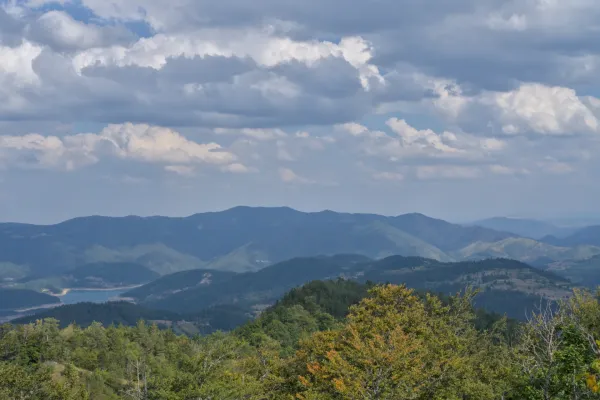 Scenic landscape view of Zaovine Lake and mountains, captured from Janjac peak in Tara National Park, Serbia.