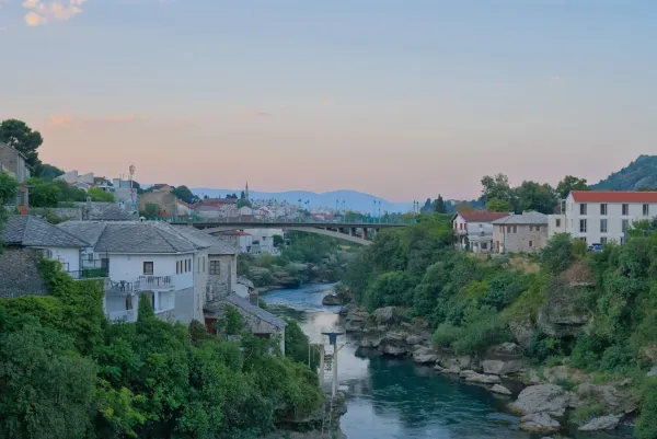 View from the Old Tower in Mostar early morning, with river and bridge.