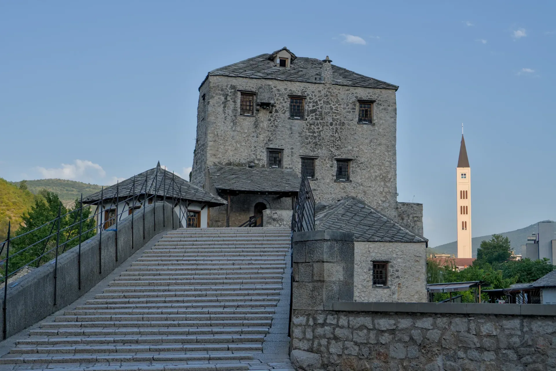 The Old Bridge and Old Town of Mostar, Bosnia and Herzegovina, captured in landscape orientation.