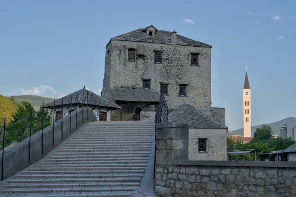 The Old Bridge and Old Town of Mostar, Bosnia and Herzegovina, captured in landscape orientation.