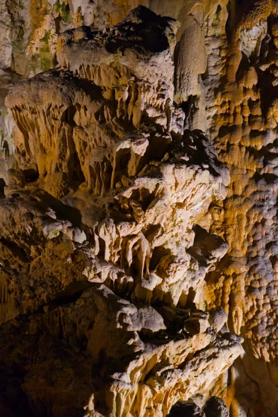 Rock formations and stalactites in Postojna Cave, Slovenia.