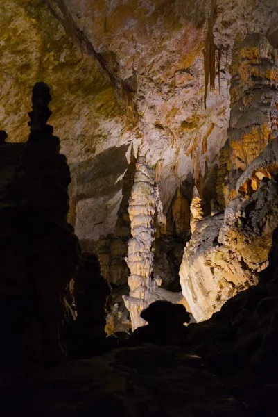 Intricate stalagmites and stalactites within the mysterious Postojna Cave, Slovenia.
