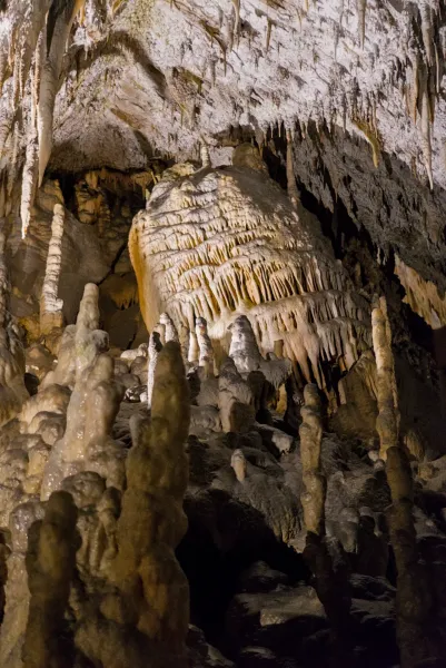 Close-up of stalactites and stalagmites within Postojna Cave, Slovenia.