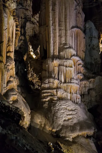 Majestic stalactite formations within Postojna Cave, Slovenia.