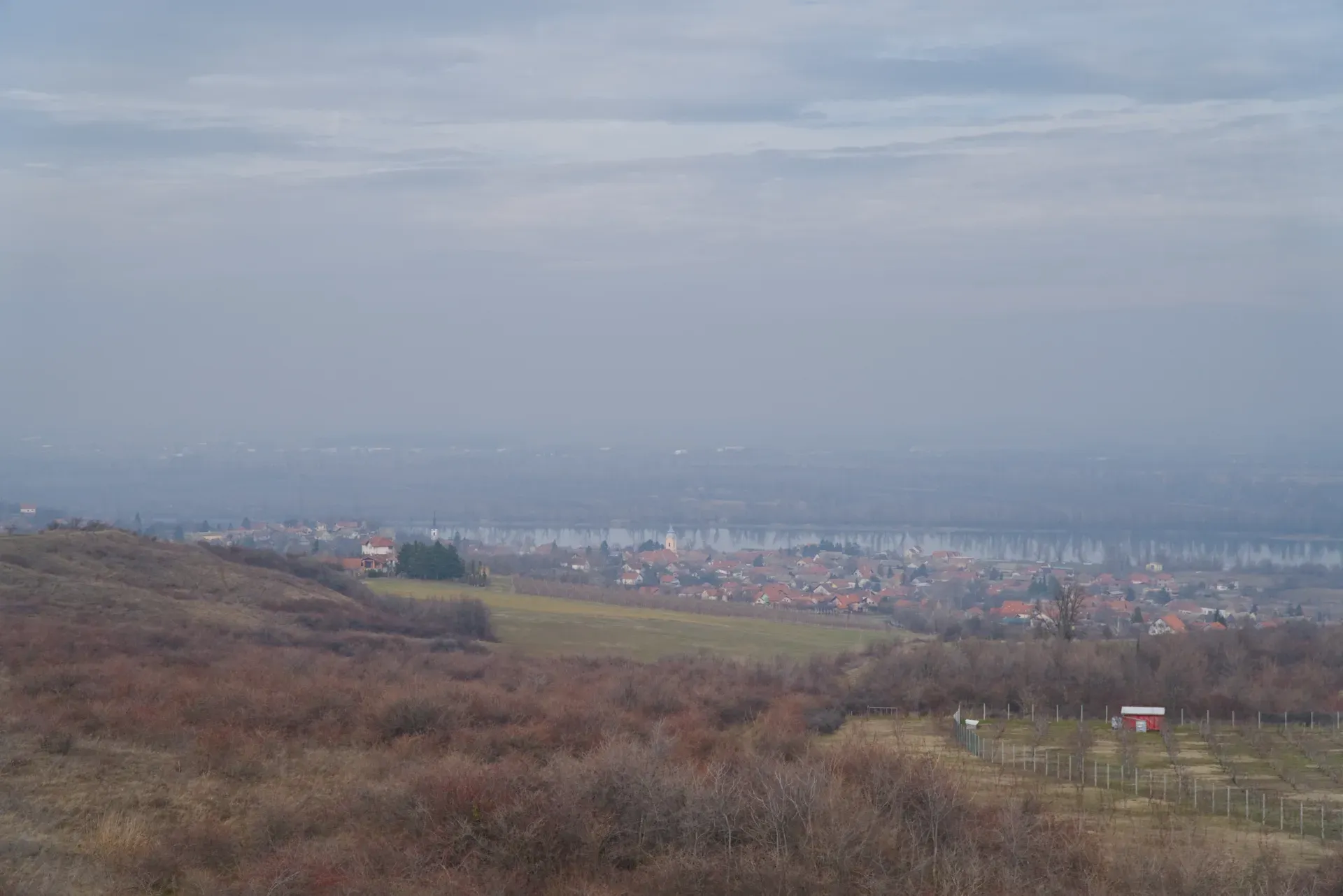 Dunstiger Februar-Morgen über der Donau in Novi Sad, Serbien mit Dorfansicht.