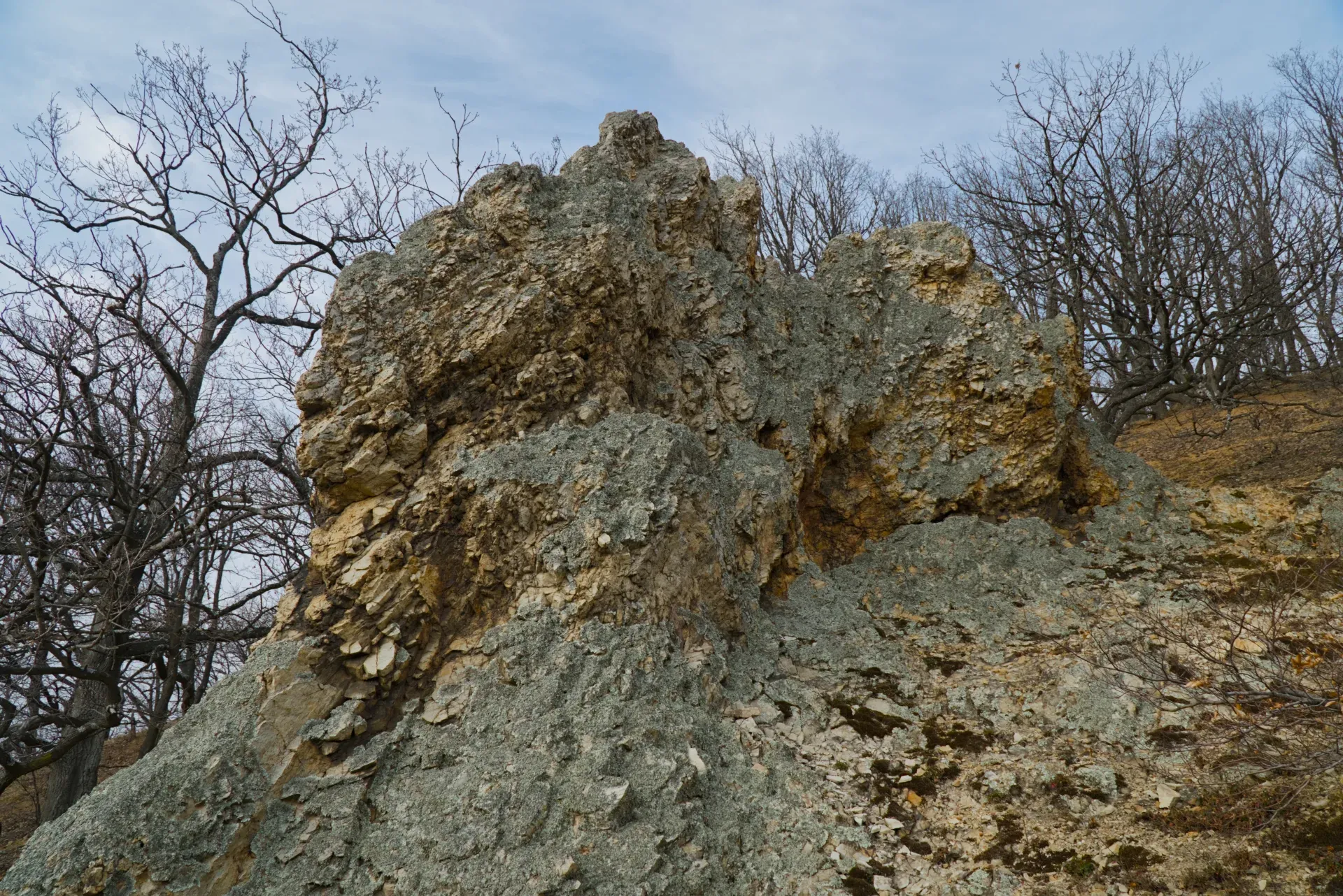 Rocas Orlovy en Fruška Gora, Serbia, en febrero, con árboles desnudos y terreno rocoso, ideal para colecciones de arte.
