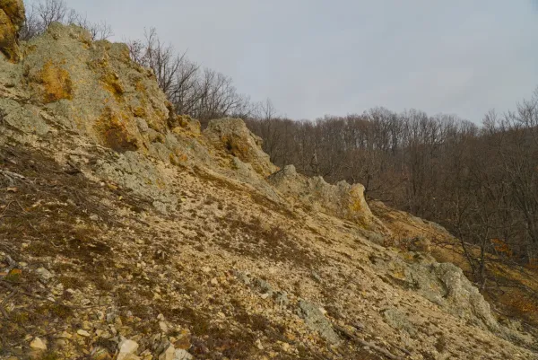 Orlovec rock formations in Fruška Gora, with bare trees in the background.