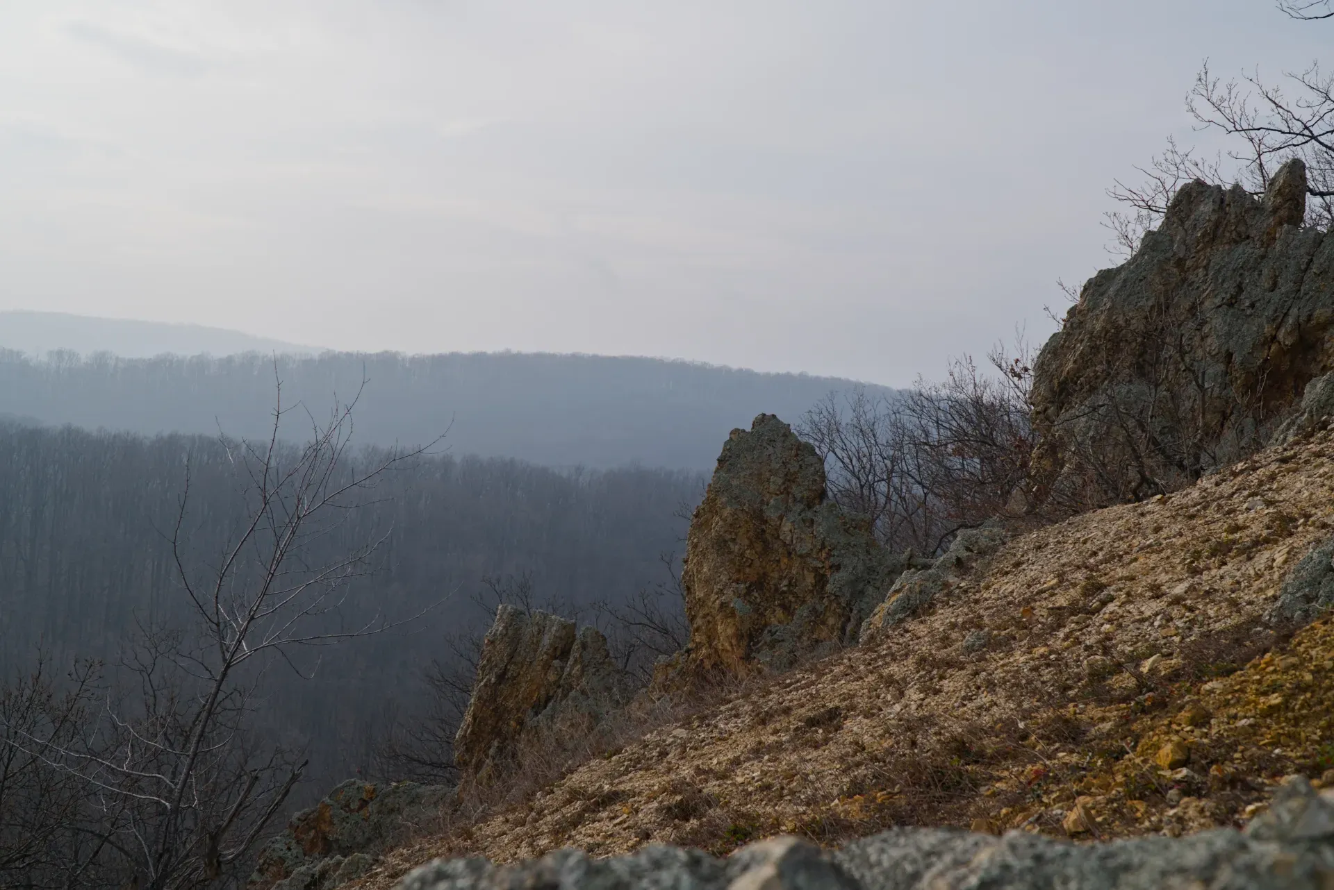 The "Orlove Stene" on Fruska Gora, Serbia, featuring rocky terrain and forested hills in the distance.