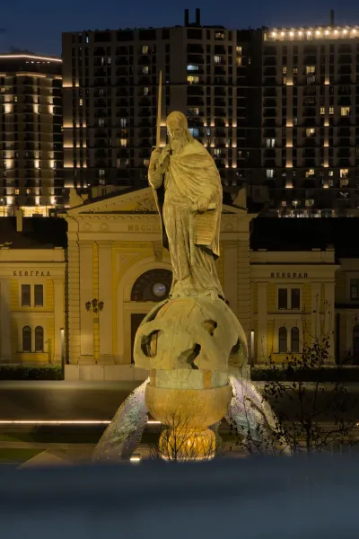 Monument of Stefan Nemanja at night in Belgrade, Serbia, illuminated and majestic.