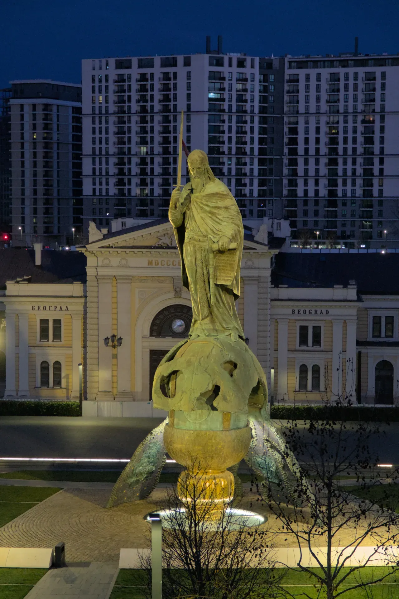 Monument of Stefan Nemanja against the backdrop of the old railway station in Belgrade, Serbia, close-up.