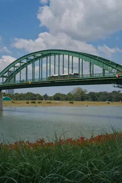 The green Old Sava Bridge in Belgrade, Serbia, spans the river under a cloudy sky, adding an architectural statement to interiors.