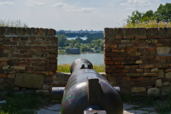 View of the Sava River from the ancient brick walls of Kalemegdan Fortress in Belgrade.