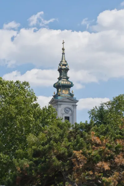 Tower of the Church of Saint Archangel Michael in Belgrade, view from Kalemegdan, against a cloudy sky.