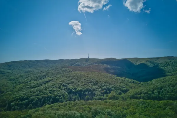 View of Fruska Gora mountain and the TV tower from the heights of Orlov Bojista.