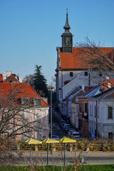 View of St. George's Monastery in Petrovaradin, Serbia, in portrait format.