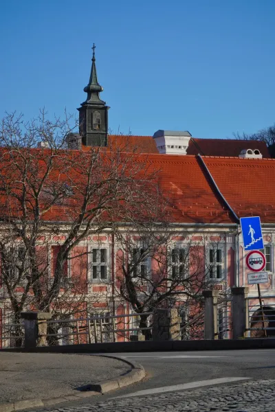 View of St. George's Church in Petrovaradin from the Varadin Bridge, Serbia.