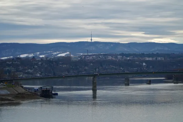 View of Fruška Gora and Varadin Bridge from Žeželj Bridge, perfect for galleries and prints.