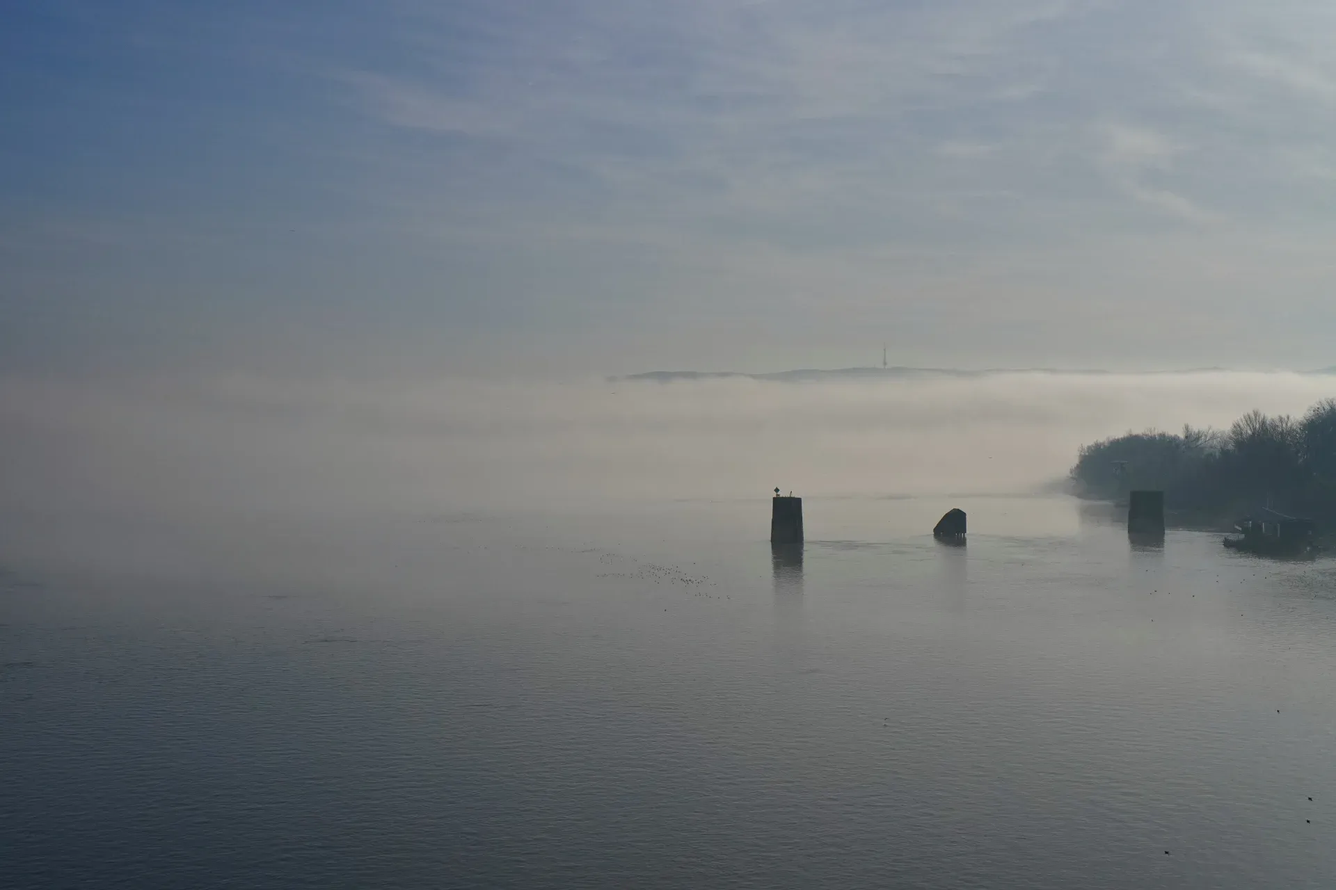 Nebbia sul fiume Danubio, vista dal Ponte di Varadin, nebbia grigia, acqua.