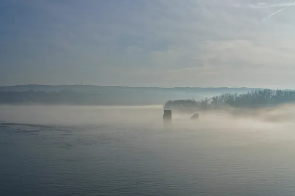Thick fog over the Danube, view from the Varadin Bridge, Serbia.